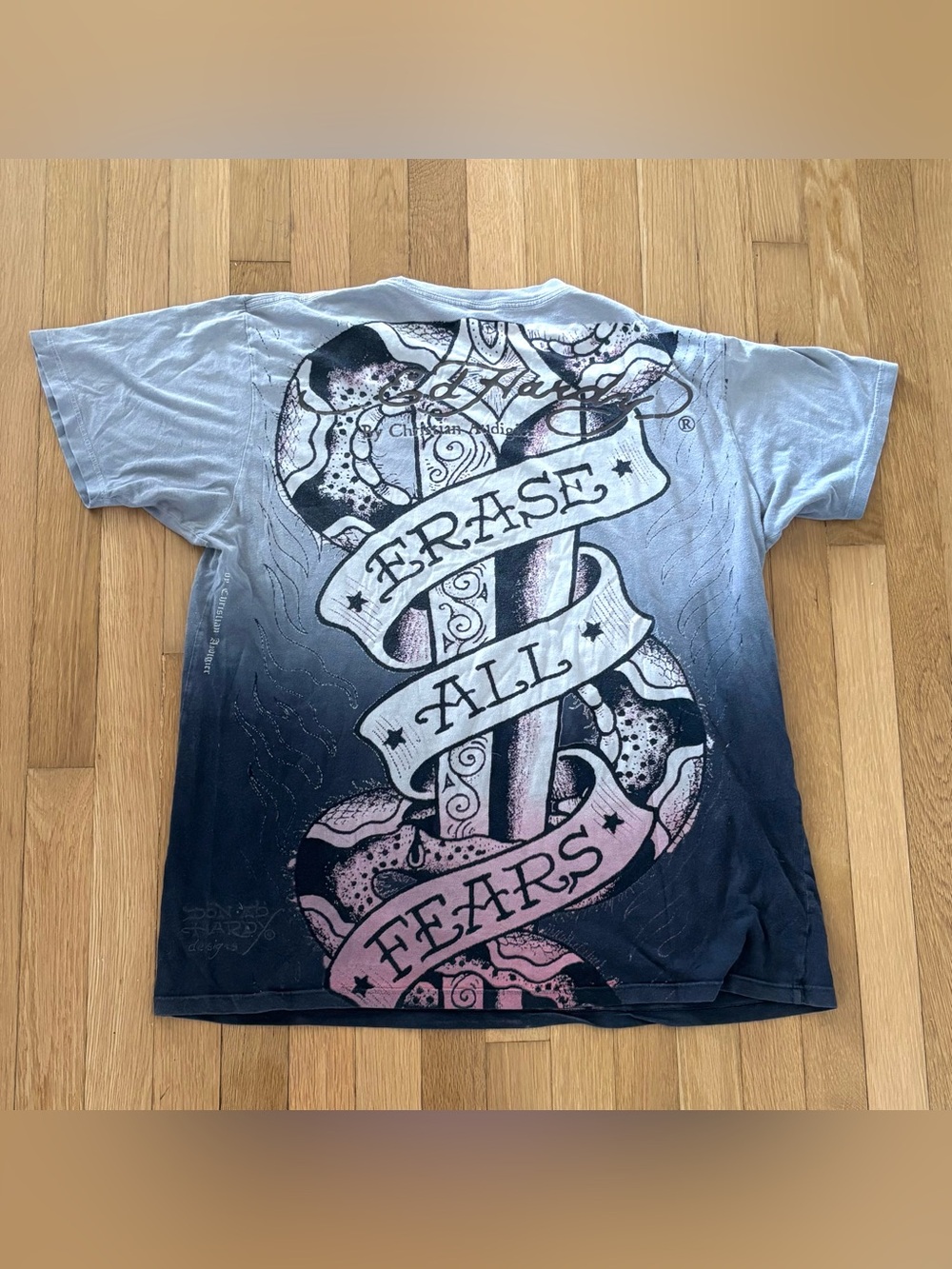 ED HARDY Erase All Fears T Shirt Mens Large L Ombre Double Sided Graphic Tee Y2K